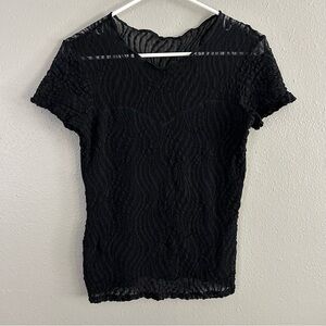Vintage Hanky Panky Black Lace Lined Front Sheer Back Short Sleeve Top Size M